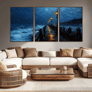 48300530-MGV-CV-36X24-Night Pier Wall Art – Moody Ocean Boardwalk Canvas Print, Impressionist Coastal Seascape Painting Decor for Living Room, Office,