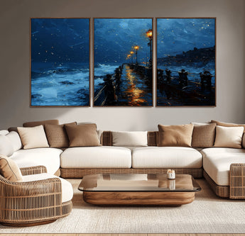 48300530-MGV-CV-36X24-Night Pier Wall Art – Moody Ocean Boardwalk Canvas Print, Impressionist Coastal Seascape Painting Decor for Living Room, Office,