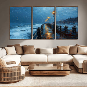 93793246-MGV-CV-36X24-Stormy Night Pier Canvas Wall Art – Moody Ocean Landscape with Lights, Blue Coastal Seascape Print for Bedroom, Living Room,