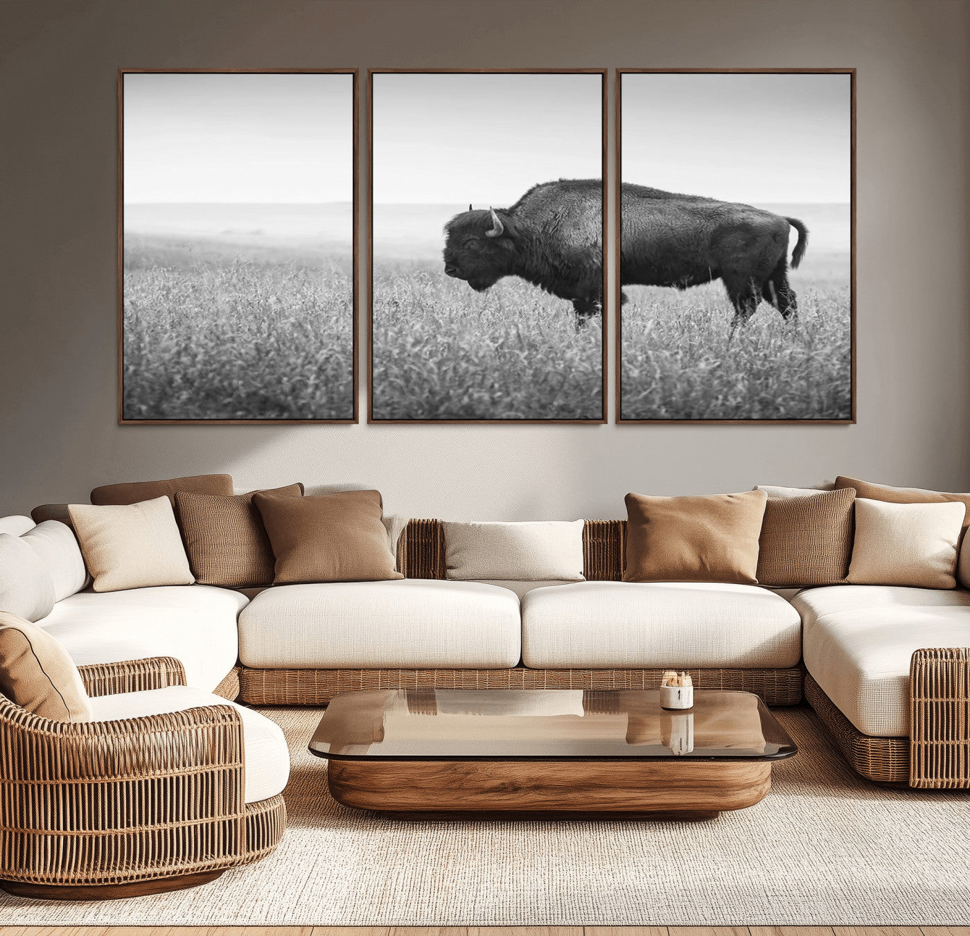 90861202-MGV-CV-36X24-Black and White Bison Canvas Wall Art – Rustic American Buffalo Print, Western Wildlife Photography for Farmhouse, Cabin, Office
