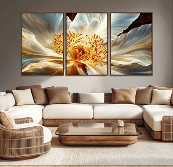 20862576-MGV-CV-36X24-Golden Abstract Flower Canvas Wall Art – Modern Botanical Bloom Print, Elegant Floral Artwork for Living Room, Bedroom, Office