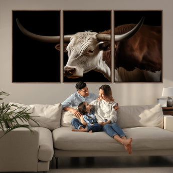 27414857-MGV-FC-60X30-3P_Walnut-Texas Longhorn Bull Canvas Wall Art – Rustic Western Farmhouse Decor, Brown & White Cow Portrait, Animal Print for Ranch Home