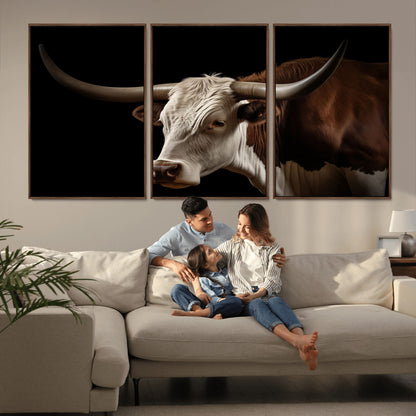 27414857-MGV-FC-60X30-3P_Walnut-Texas Longhorn Bull Canvas Wall Art – Rustic Western Farmhouse Decor, Brown & White Cow Portrait, Animal Print for Ranch Home