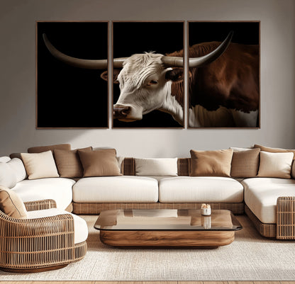 27414857-MGV-CV-36X24-Longhorn Bull Wall Art – Dramatic Western Steer Portrait Canvas Print, Rustic Farmhouse Animal Decor for Living Room, Office, or