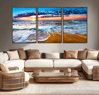 24077769-MGV-CV-36X24-Sunset Beach Wall Art – Ocean Waves Canvas Print, Golden Shoreline Photography Coastal Decor for Living Room, Bedroom, Office,