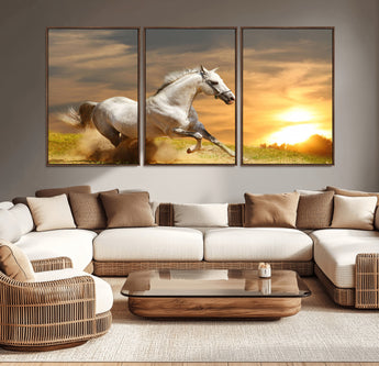 67478480-MGV-CV-36X24-White Horse Running at Sunset Wall Art – Majestic Equestrian Photography Print, Rustic Farmhouse Decor, Golden Sky Horse Lover