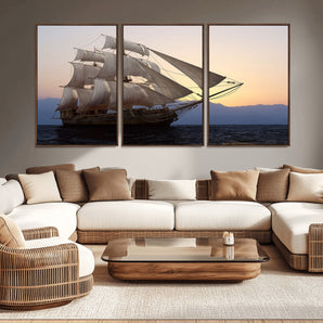 99957679-MGV-CV-36X24-Majestic Sailing Ship Wall Art – Sunset Ocean Voyage, Classic Tall Ship with Wind Filled Sails Canvas Print for Home, Office,