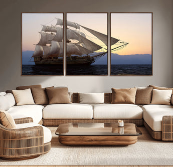 99957679-MGV-CV-36X24-Majestic Sailing Ship Wall Art – Sunset Ocean Voyage, Classic Tall Ship with Wind Filled Sails Canvas Print for Home, Office,