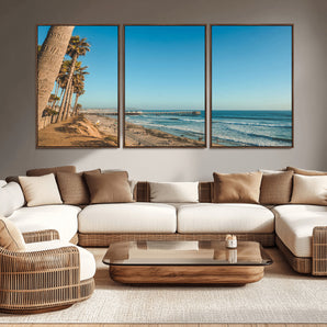 92568259-MGV-CV-36X24-California Beach Wall Art – Palm Tree Pier Canvas Print, Coastal Ocean Photography Seaside Decor for Living Room, Bedroom, Office,