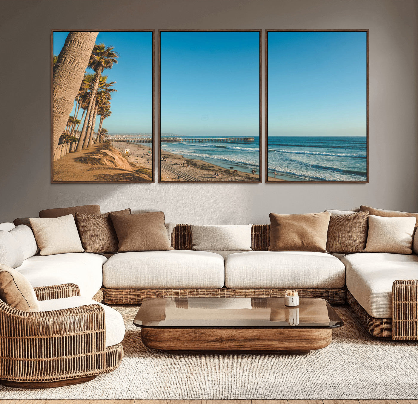 92568259-MGV-CV-36X24-California Beach Wall Art – Palm Tree Pier Canvas Print, Coastal Ocean Photography Seaside Decor for Living Room, Bedroom, Office,