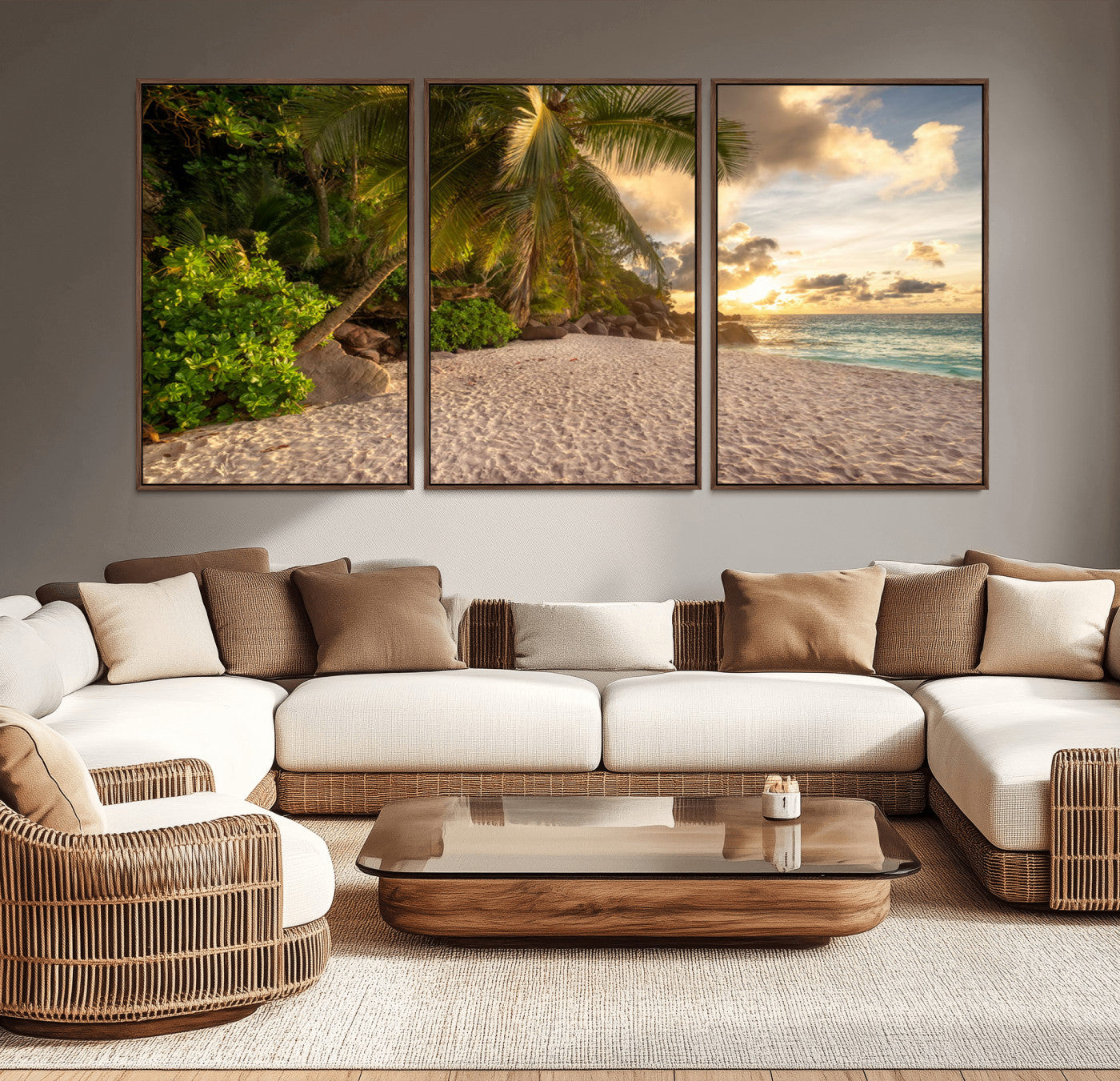 89531159-MGV-CV-36X24-Tropical Beach Sunset Canvas Wall Art – Palm Trees Golden Sand Ocean Waves Coastal Paradise Print for Beach House Bedroom Bathroom