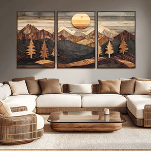 90044381-MGV-CV-36X24-Rustic Wall Art – Wooden Mountain Landscape with Sun and Pine Trees, Handcrafted Nature Canvas Style Decor for Bedroom, Living