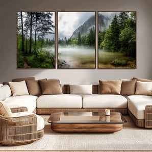 93123937-MGV-CV-36X24-Landscape Wall Art – Misty Mountain Lake Canvas Print, Tranquil Forest and Waterfall Photography Decor for Bedroom, Living Room,