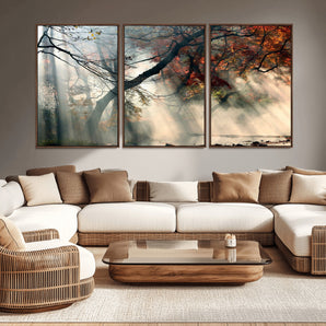 36043878-MGV-CV-36X24-Autumn Forest Wall Art – Sunlight Through Trees Canvas Print, Misty Woodland Fall Colors Photography Decor for Bedroom, Living