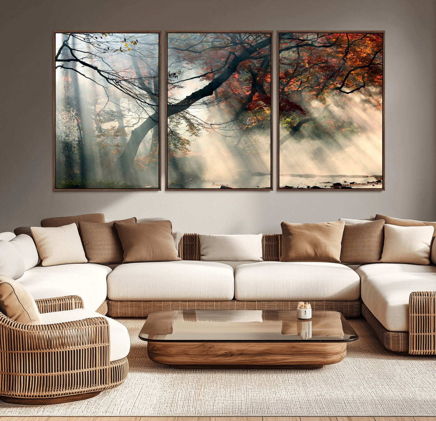 36043878-MGV-CV-36X24-Autumn Forest Wall Art – Sunlight Through Trees Canvas Print, Misty Woodland Fall Colors Photography Decor for Bedroom, Living