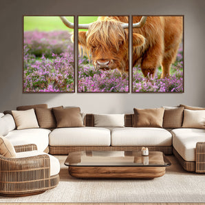 64069351-MGV-CV-36X24-Farmhouse Wall Art – Highland Cow in Wildflowers Canvas Print, Rustic Country Cattle Photography Decor for Bedroom, Living Room,