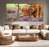 64069351-MGV-CV-36X24-Farmhouse Wall Art – Highland Cow in Wildflowers Canvas Print, Rustic Country Cattle Photography Decor for Bedroom, Living Room,