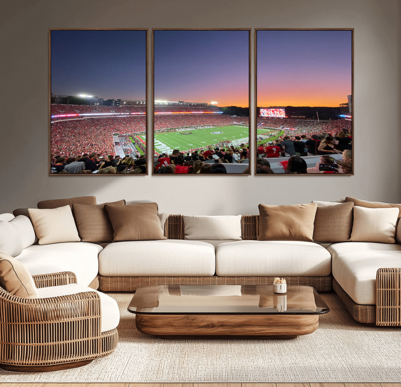 25139565-MGV-CV-36X24-Sanford Stadium Wall Art – Panoramic Georgia Bulldogs Sunset Football Game Canvas Print, Red Crowd Sports Decor for Office, Man