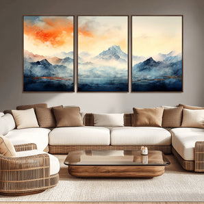 WRM1005-MGV-CV-36X24-Mountain Landscape Wall Art – Panoramic Watercolor Canvas Print, Abstract Nature Decor for Living Room, Office, Bedroom or Cabin