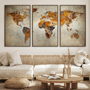 MGV-FC-60X30-3P - Rustic World Map Wall Art Canvas Print, Framed Orange World Map Art Picture Print, Antique Style Map Perfect Vintage Explorer Decor Artwork