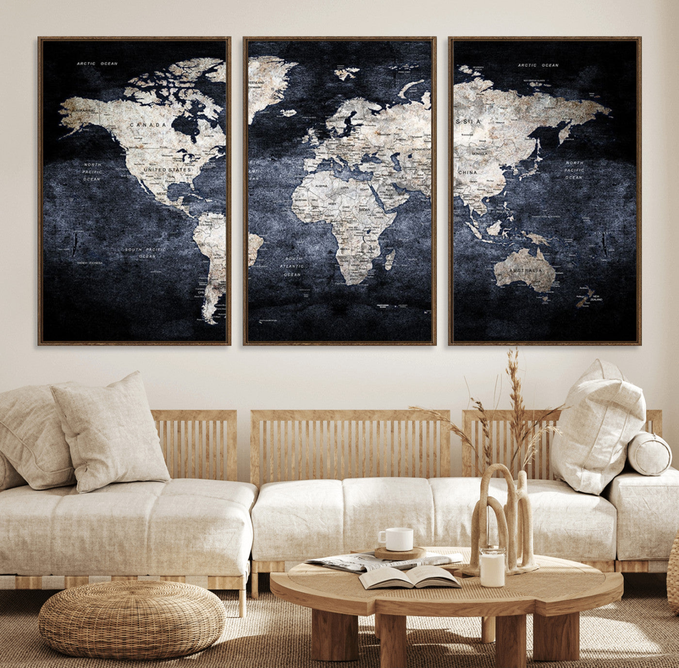 MGV-FC-60X30-3P - Vintage World Map Wall Art Canvas Print, Framed Dark Atlas Art Picture Print, Classic Globe Perfect Rustic Explorer Decor Artwork