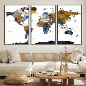 MGV-FC-60X30-3P - World Map Wall Art Canvas Print, Framed Blue Gold Map Art Picture Print, Rustic Atlas Perfect Rustic Modern Decor Artwork