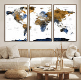 MGV-FC-60X30-3P - World Map Wall Art Canvas Print, Framed Blue Gold Map Art Picture Print, Rustic Atlas Perfect Rustic Modern Decor Artwork