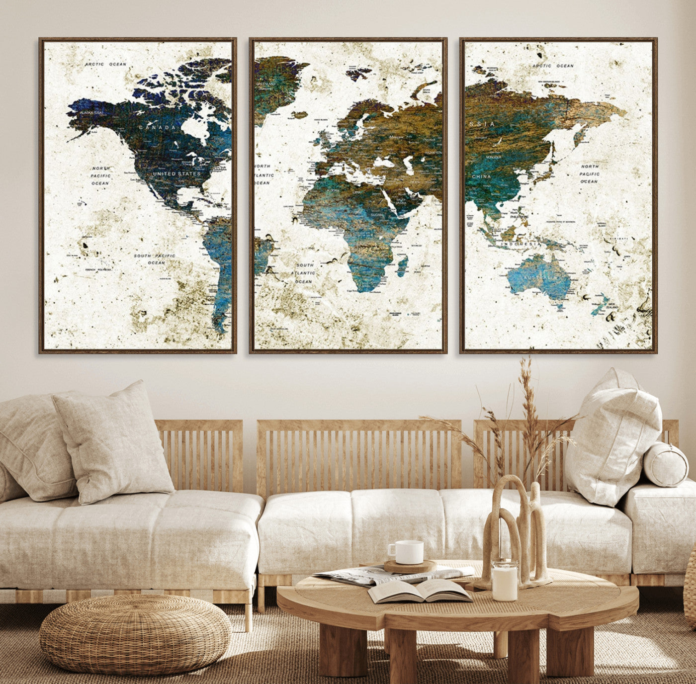 MGV-FC-60X30-3P - Vintage World Map Wall Art Canvas Print, Framed Rustic Earth Map Art Picture Print, Antique Map Perfect Rustic Vintage Decor Artwork