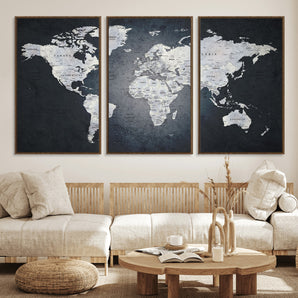 MGV-FC-60X30-3P - Monochrome World Map Wall Art Canvas Print, Framed Minimalist Map Art Picture Print, Modern Atlas Perfect Modern Minimalist Decor Artwork