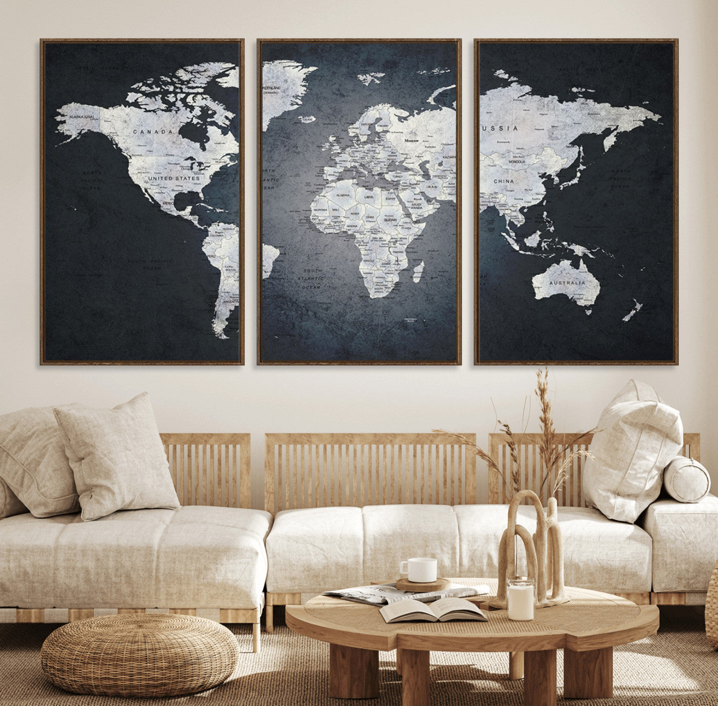 MGV-FC-60X30-3P - Monochrome World Map Wall Art Canvas Print, Framed Minimalist Map Art Picture Print, Modern Atlas Perfect Modern Minimalist Decor Artwork