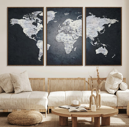 MGV-FC-60X30-3P - Monochrome World Map Wall Art Canvas Print, Framed Minimalist Map Art Picture Print, Modern Atlas Perfect Modern Minimalist Decor Artwork