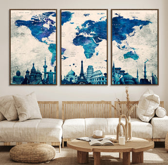 MGV-FC-60X30-3P - Blue World Map Wall Art Canvas Print, Framed Iconic Landmarks Art Picture Print, Blue Globe Map Perfect Elegant Explorer Decor Artwork