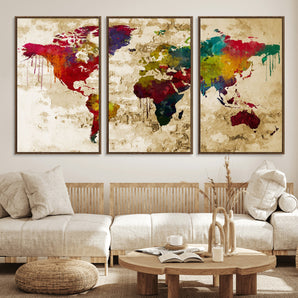 MGV-FC-60X30-3P - Multicolor Map Wall Art Canvas Print, Framed Watercolor Continents Art Picture Print, Colorful World Map Perfect Rustic Modern Decor Artwork