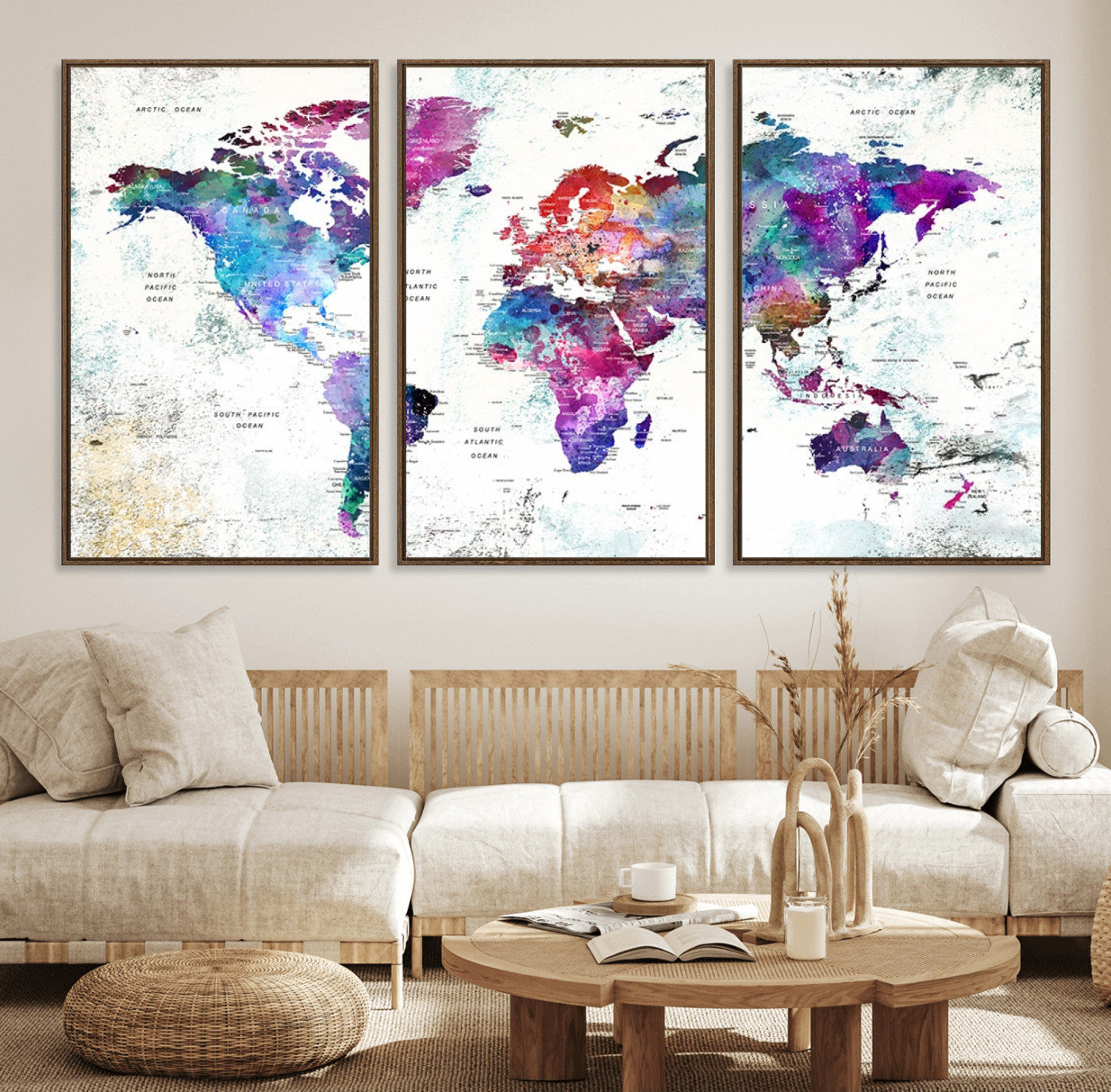 MGV-FC-60X30-3P - Colorful World Map Wall Art Canvas Print, Framed Abstract Globe Art Picture Print, Vibrant Map Perfect Vibrant Modern Decor Artwork