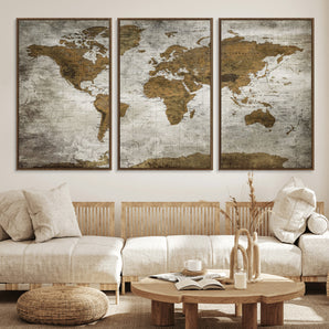 MGV-FC-60X30-3P - Rustic World Map Wall Art Canvas Print, Framed Vintage Atlas Art Picture Print, Aged Paper Map Perfect Vintage Explorer Decor Artwork