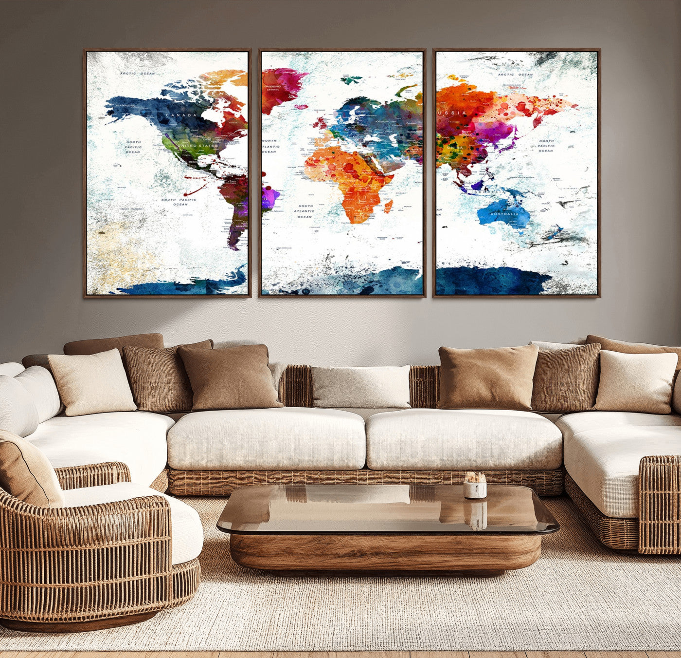 42807-MGV-CV-36X24-Colorful Abstract World Map Canvas Wall Art – Modern Watercolor Style Travel Map Print, Large Framed Wall Decor for Living Room, Bedroom, Home or Office
