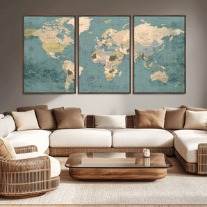 54872-MGV-CV-36X24-Classic World Map Wall Art Canvas Print, Framed Retro Map Art Picture Print, Vintage Atlas Perfect Rustic Explorer Decor Artwork
