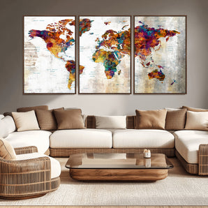 42296-MGV-CV-36X24-Colorful World Map Wall Art Canvas Print, Framed Watercolor Earth Art Picture Print, Rainbow Map Perfect Urban Explorer Decor