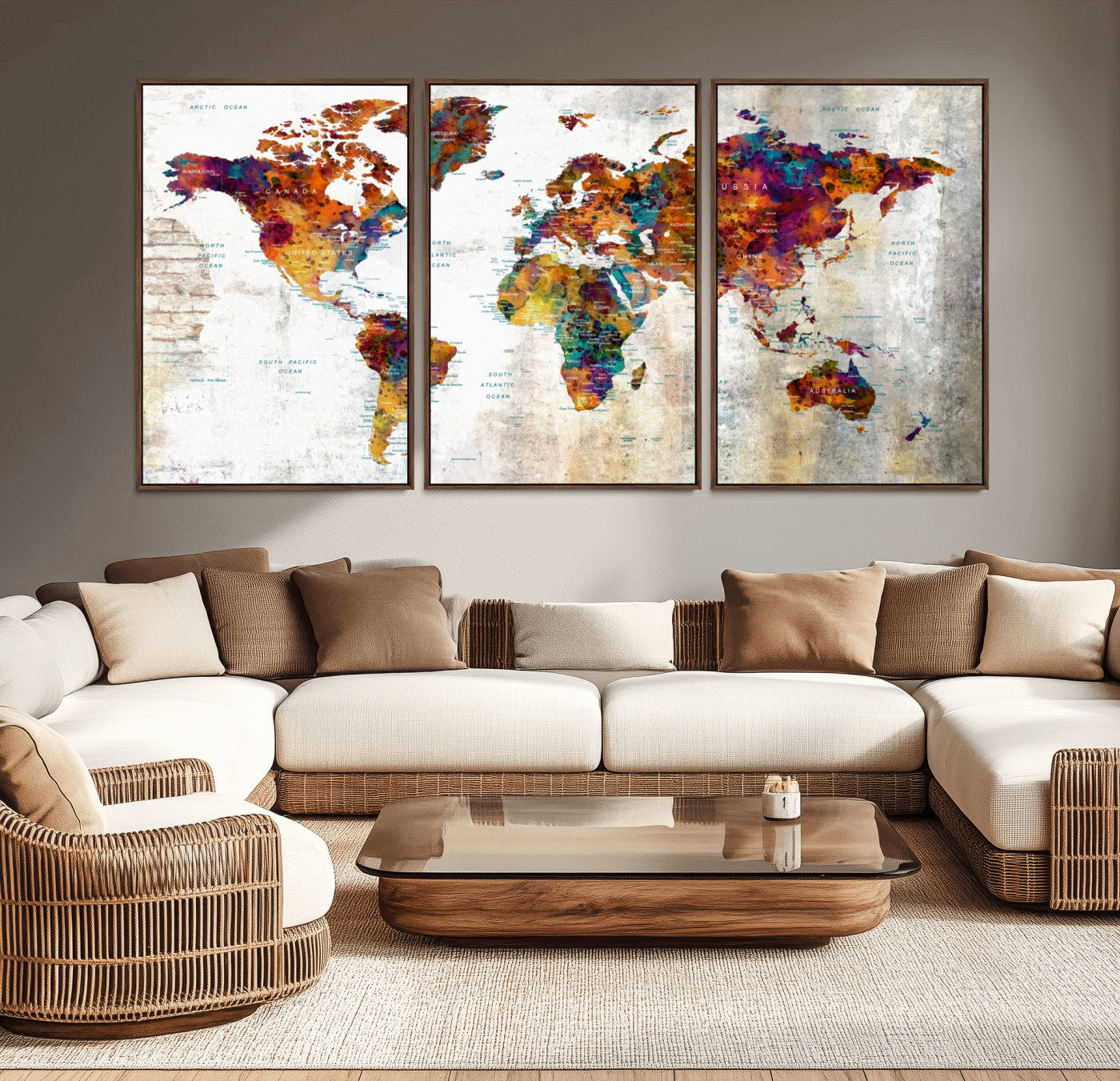42296-MGV-CV-36X24-Colorful World Map Wall Art Canvas Print, Framed Watercolor Earth Art Picture Print, Rainbow Map Perfect Urban Explorer Decor