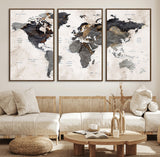 MGV-FC-60X30-3P - World Map Wall Art Canvas Print, Framed Rustic Map Art Picture Print, Antique Map Perfect Rustic Explorer Decor Artwork