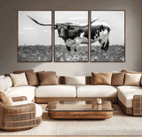 83785-MGV-CV-36X24-Texas Longhorn Wall Art Canvas Print, Framed Horned Bull Art Picture Print, Monochrome Cattle Perfect Rustic Western Decor Artwork