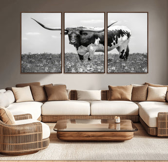 83785-MGV-CV-36X24-Texas Longhorn Wall Art Canvas Print, Framed Horned Bull Art Picture Print, Monochrome Cattle Perfect Rustic Western Decor Artwork