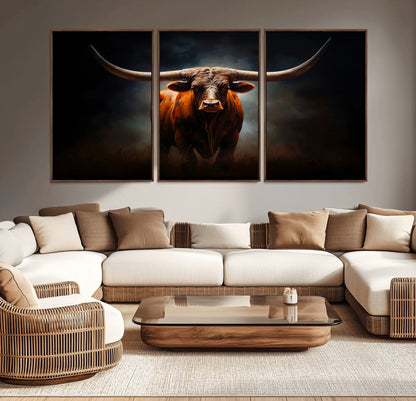 12484-MGV-CV-36X24-Texas Longhorn Wall Art Canvas Print, Framed Western Bull Art Picture Print, Moody Cattle Perfect Moody Western Decor Artwork