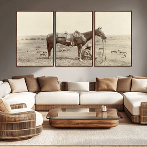 29704-MGV-CV-36X24-Vintage Cowboy Wall Art Canvas Print, Framed Grazing Horses Art Picture Print, Western Horses Perfect Rustic Western Decor Artwork