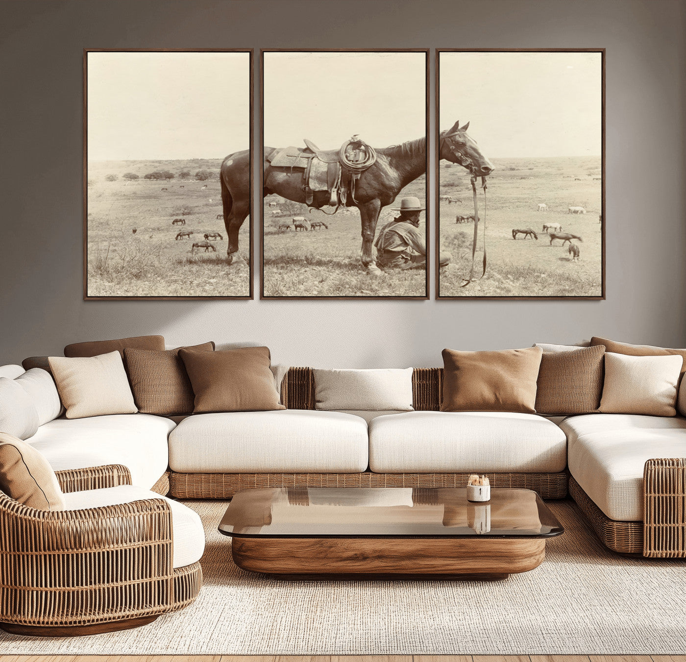 29704-MGV-CV-36X24-Vintage Cowboy Wall Art Canvas Print, Framed Grazing Horses Art Picture Print, Western Horses Perfect Rustic Western Decor Artwork