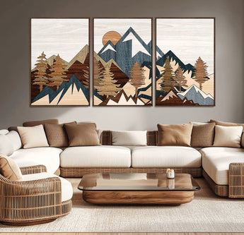 80300-MGV-CV-36X24-Geometric Mountains Wall Art Canvas Print, Framed Stylized Trees Art Picture Print, Graphic Forest Perfect Rustic Abstract Decor
