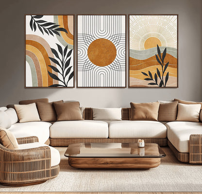 32359-MGV-CV-36X24-Modern Sun Wall Art Canvas Print, Framed Retro Horizon Art Picture Print, Sunburst Design Perfect Mid Century Boho Decor Artwork