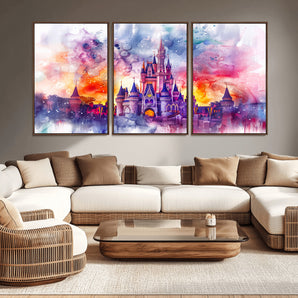 80707-MGV-CV-36X24-Cinderella Castle Wall Art Canvas Print, Framed Watercolor Sky Art Picture Print, Magic Kingdom Perfect Whimsical Fairytale Decor