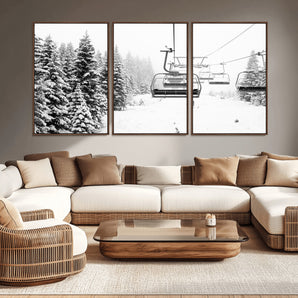 49274-MGV-CV-36X24-Snowy Forest Wall Art Canvas Print, Framed Ski Lift Art Picture Print, Mountain Snow Perfect Minimal Winter Lodge Decor Artwork