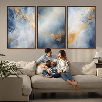 41836-MGV-FC-60X30-3P_Walnut-Abstract Gold Wall Art Canvas Print, Framed Blue Layers Art Picture Print, Elegant Cloud Perfect Elegant Minimalist Decor Artwork